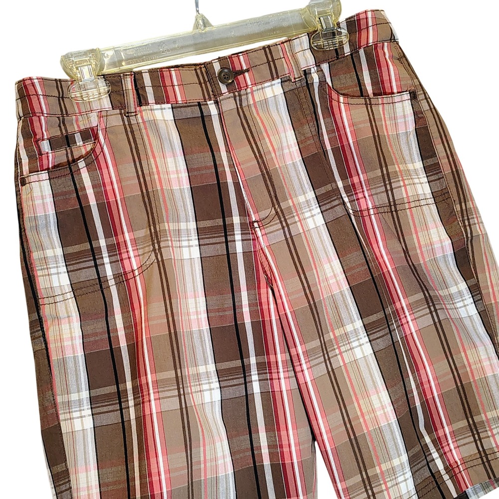 Croft & Barrow Womens Plaid Bermuda Shorts Brown Pink Size 12 Stretch Cotton